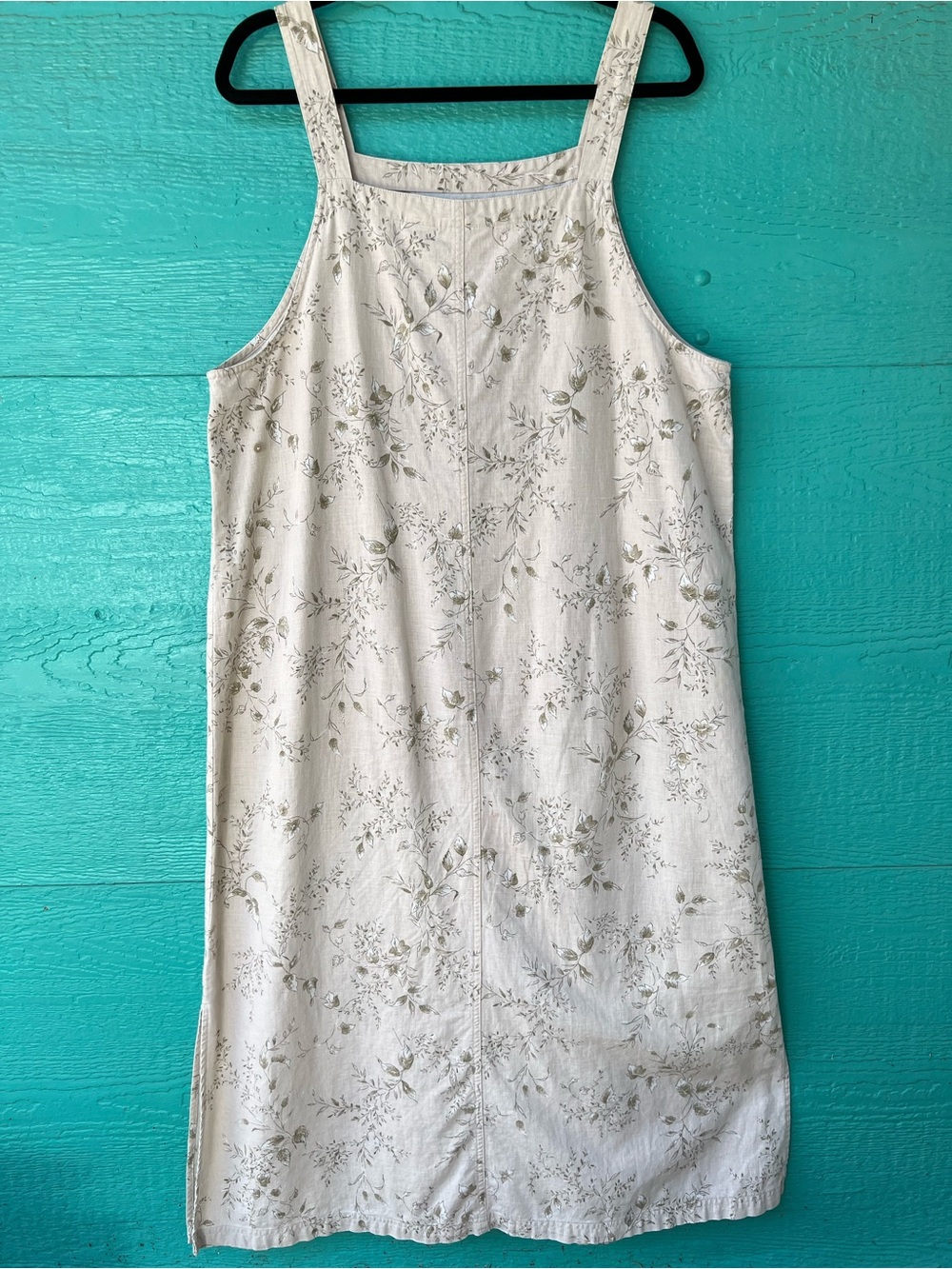 Vintage Linen Blend Apron Jumper Maxi Dress Flax & Moss Floral Print Large - Picture 3 of 7